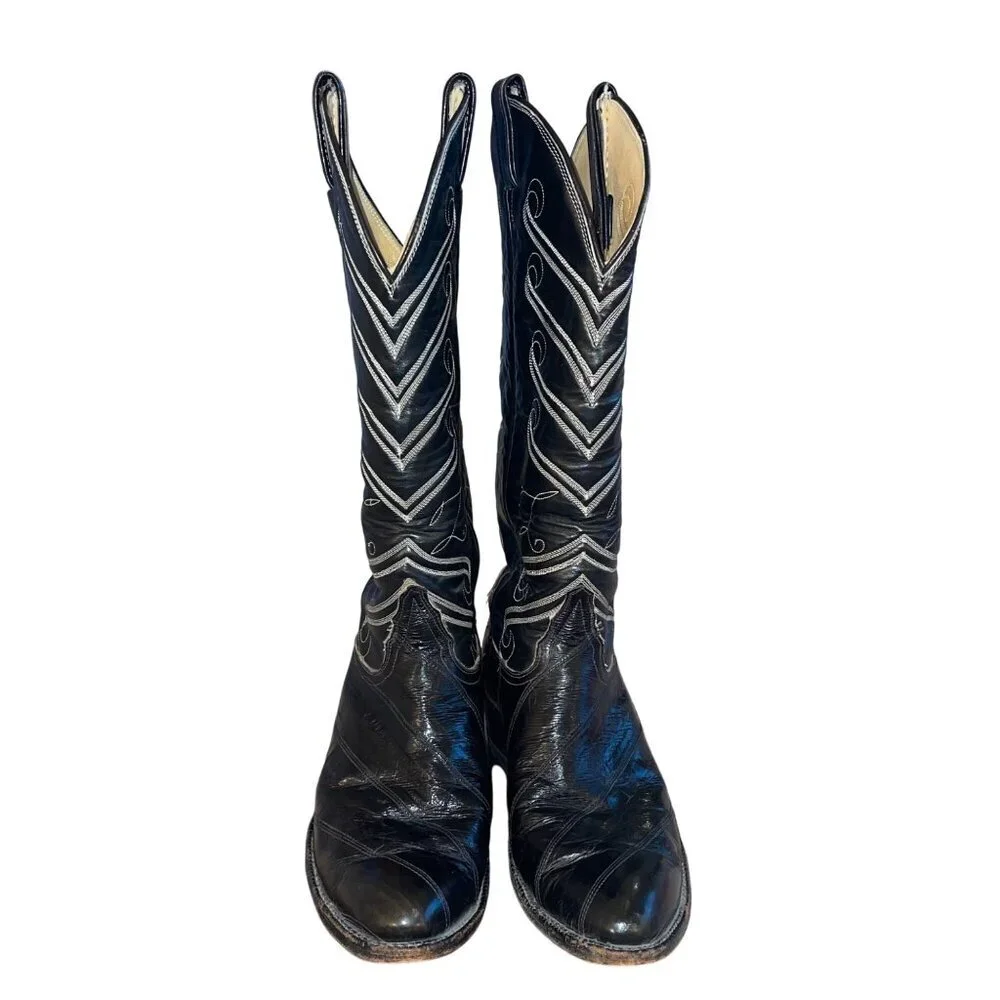 Tony Lama Mens Boots Size 7.5 Black Flame Stitch Detail Eel Skin Casual USA